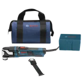 Bosch GOP55-36 multi-tool with blade, case, and storage bag; BOSCH text on bag and case.