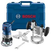 Bosch router set with blue carrying case and accessories including wrenches.