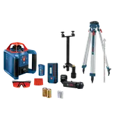 Bosch laser level and tripod kit, includes laser level, glasses, batteries, and a tripod.