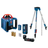 Bosch laser level and tripod set with accessories.