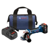 Bosch Lithium-Ion 18V angle grinder, CORE18V battery, charger, and bag.