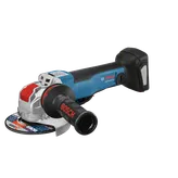 Bosch GWX18V-50PC HD angle grinder, with Bosch text on the handle, and a circular saw blade.