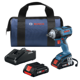 Bosch GDS18V-221 impact wrench, battery charger, 18V battery, and carry bag. The wrench and battery are marked "CORE18V".