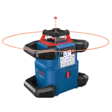 Bosch Professional GRL4000-80CHV rotary laser level, with visible laser circle, and display of X-7.20%, Y-6.15%.