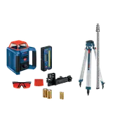 Bosch laser level, line level, tripod, and measuring rod, along with accessories including safety glasses and batteries. Visible text includes "BOSCH", "GP ALKALINE", and measurements on the rod.