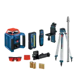 Bosch laser level, remote, bracket, and tripod, plus GP Alkaline batteries, and safety glasses.