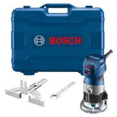 Bosch blue case with Bosch logo, a wrench, a metal piece, and a Bosch GKF125CE router.