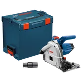 Bosch GKT13-225 HD circular saw, blue and silver, with a matching blue and red case and black nozzle.