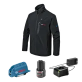 Bosch black jacket, 12 V battery, charger, and GAA12V-21 adapter.