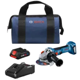 Bosch GWS18V-8 brushless angle grinder, CORE18V battery, charger and bag.
