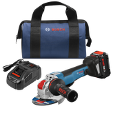 Bosch GWX18V-50PC HD angle grinder with CORE18V 8 Ah battery, charger, and a blue bag with "BOSCH" logo.