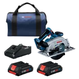 Bosch circular saw, charger, two CORE 18V 4Ah batteries, and a bag. The saw has "EDGE" and "24" visible, also "fast cut General Purpose" is printed.