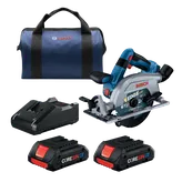 Bosch "EDGE" 6 1/2" circular saw, CORE 18V 4 Ah batteries, battery charger, and a blue carrying bag with "BOSCH" printed on it.