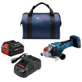 Bosch tool bag, CORE18V 8Ah battery, charger, and GWX18V-13P grinder.