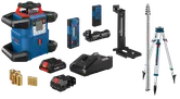 Bosch Professional laser level, remote control, and accessories. Includes batteries, CORE 18V batteries, and tripod.
