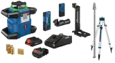 Bosch Professional laser level, remote control, receiver, mounting bracket, tripod and leveling rod, batteries, battery chargers, and CORE18V batteries.