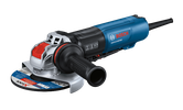 Bosch GWX14-60PBD angle grinder with Kickback Control, Drop Control, and Brake System features.