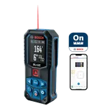 Bosch BLAZE laser measure displaying 164' 6" 13/32, with an 'On' app logo, and smartphone displaying room measurements.