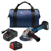 Bosch GWS18V-43C angle grinder, charger, battery, and carrying case; visible text "BOSCH", "CORE18V".