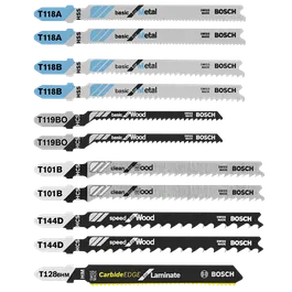 Bosch T118A, T118B, T119BO, T101B, T144D, and T128BHM saw blades.