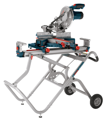 Bosch T4B GRAVITY RISE mitre saw stand with wheels and mitre saw.