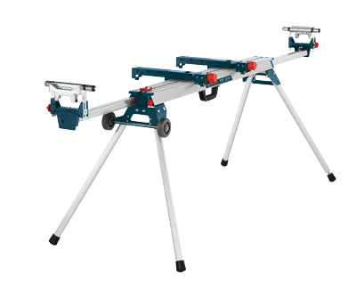 Bosch folding miter saw stand with wheels, and adjustable supports.