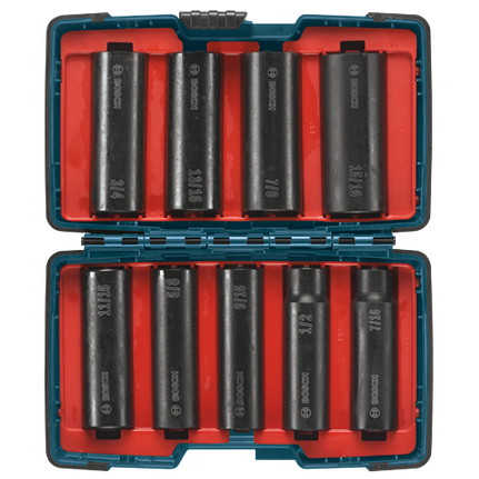 Impact Tough 1/2 In. drive socket set includes 9 sockets (7/16 In., 1/2 In., 9/16 In., 5'8 In., 11/16 In., 3/4 In., 13/16 In., 7/8 In., 15/16 In.)