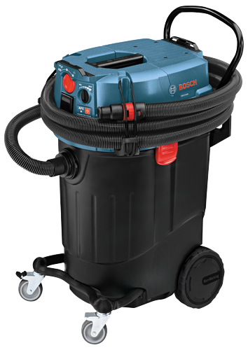Bosch blue and black vacuum cleaner with handle and wheels.