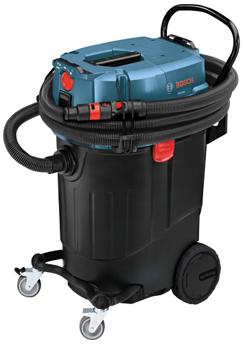 Bosch vacuum cleaner, with a blue top and black base, and a handle on top.
