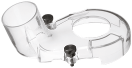 Transparent plastic tool component with two black screws and a round opening.