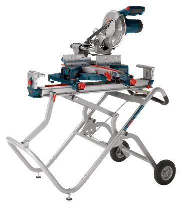 Bosch miter saw on stand, with Bosch T4B Gravity Rise branding visible.