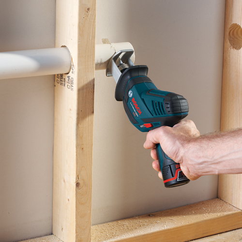 Bosch, 12V Lithium-Ion reciprocating saw cutting a pipe in a wall.
