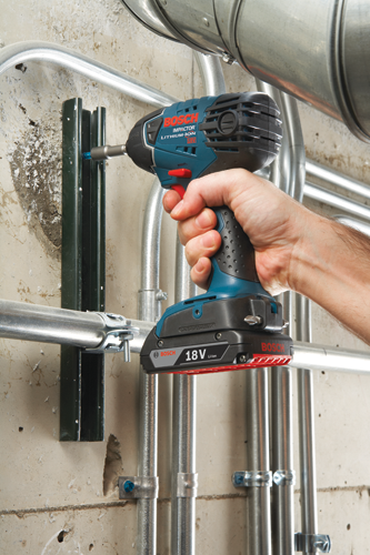 Bosch IMPCTOR LITHIUM-ION 18V Li-ion cordless drill being used to attach a metal bracket to a wall.