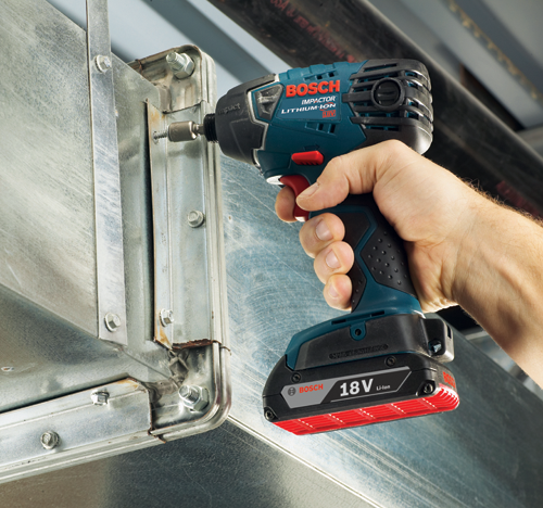 Bosch IMPACTOR LITHIUM-ION 18V cordless impact driver being used to install a bolt.