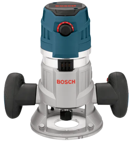 Bosch router with visible text "BOSCH", speed settings from 1 to 6, and two black handles.