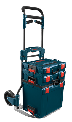 Bosch tool storage cart with wheels, multiple stacked boxes, red latches, and the Bosch logo.