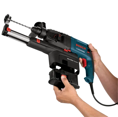 Bosch 11250VSRD rotary hammer drill with Microfilter System. A person is holding the drill.