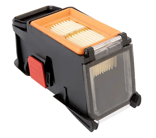 Black and orange air filter with a red latch, transparent window and multiple filters inside.