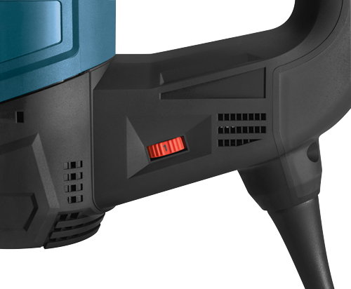 Black and blue power tool with a red selector button.