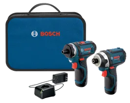 Bosch Lithium-Ion 12V drill set with a carrying case and charger.