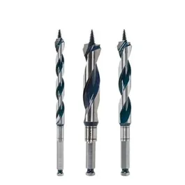 Bosch three metal drill bits with dark blue and silver accents.