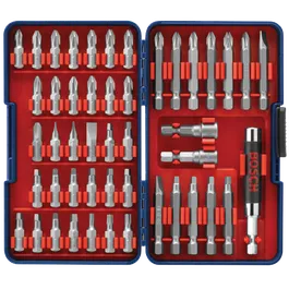 Bosch screwdriver bit set, open, with various bits in a red interior.