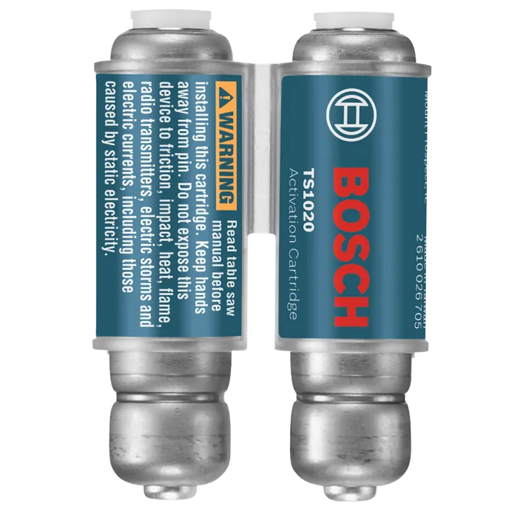 Bosch TS1020 Activation Cartridge; warning: read table saw manual before installing; keep hands away from pin; do not expose to friction, impact, heat, flame, radio transmitters, storms, and electric currents.