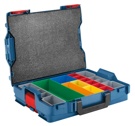 Blue L-Box with multiple colored storage compartments and black handle.