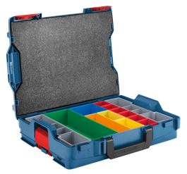 Blue L-Box with multiple colored storage compartments and black handle.