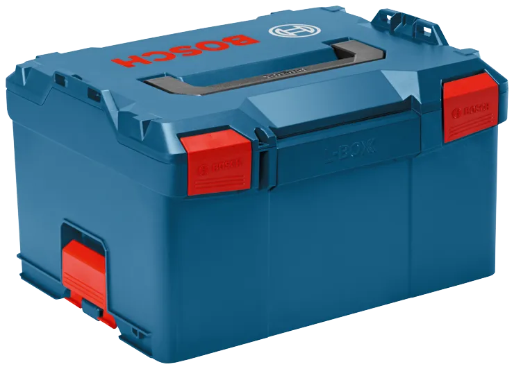 Bosch L-BOXX storage container with red latches and handles.