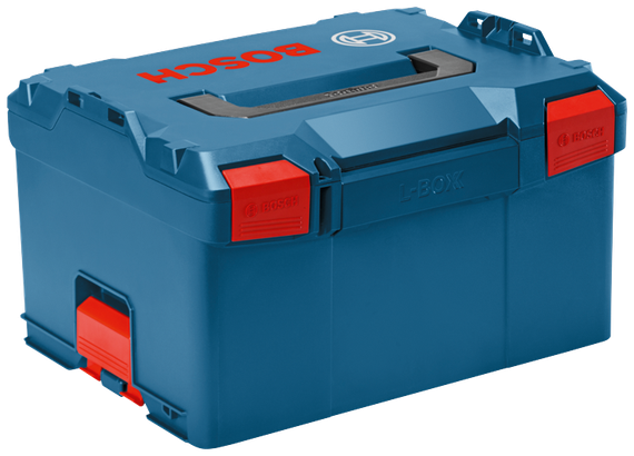 Bosch L-BOXX storage container with red latches and handles.