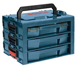 Bosch tool storage system with stacked compartments and a handle.