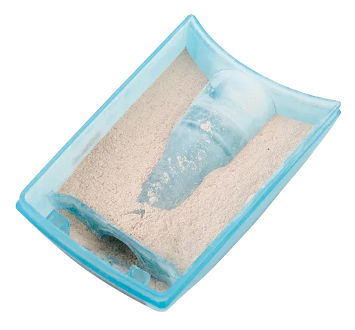 Blue plastic litter box filled with sand with an attached scoop.