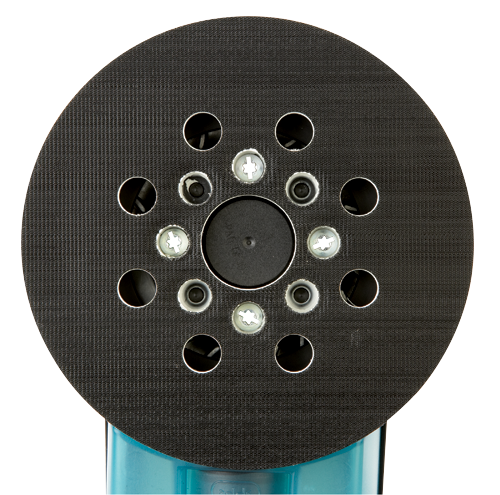 A circular black sanding pad with holes and silver screws attached to a blue base.